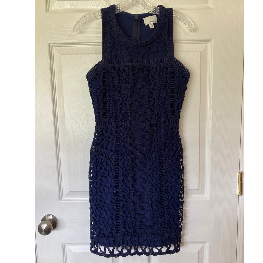 Greylin Navy Blue Crochet Lace Sleeveless Sheath Dress XS Cocktail Wedding Guest